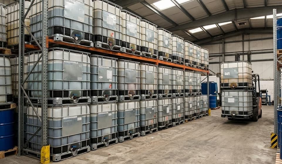 Warehouse with IBC totes organized on racking with forklift