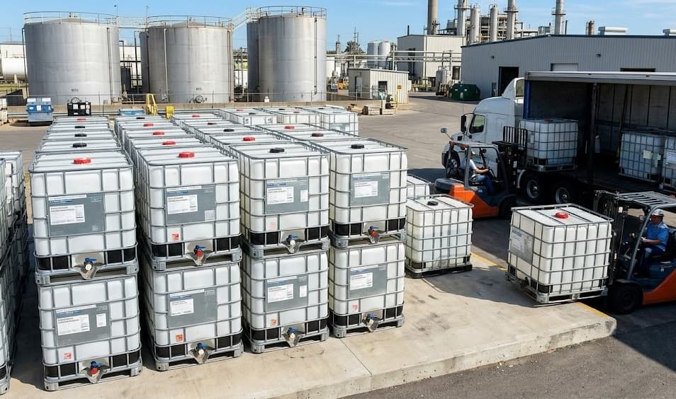 Outdoor yard with IBC totes, truck, and forklift