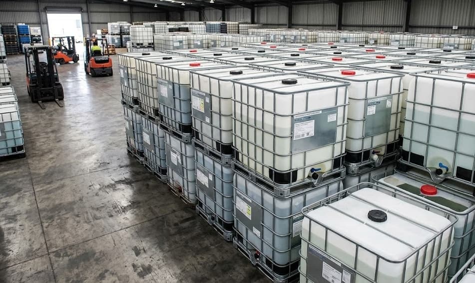 Our large Elk Grove Village warehouse with IBC totes and forklifts