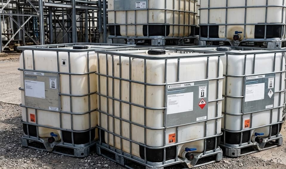 Close-up of IBC totes with 1000L markings