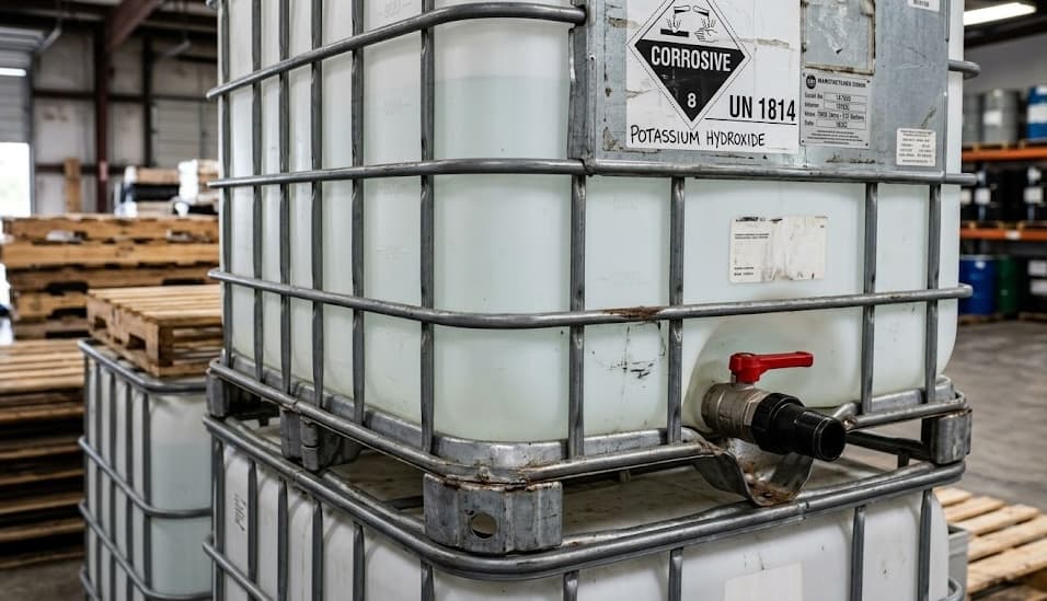 Close-up of IBC tote with valve and UN label